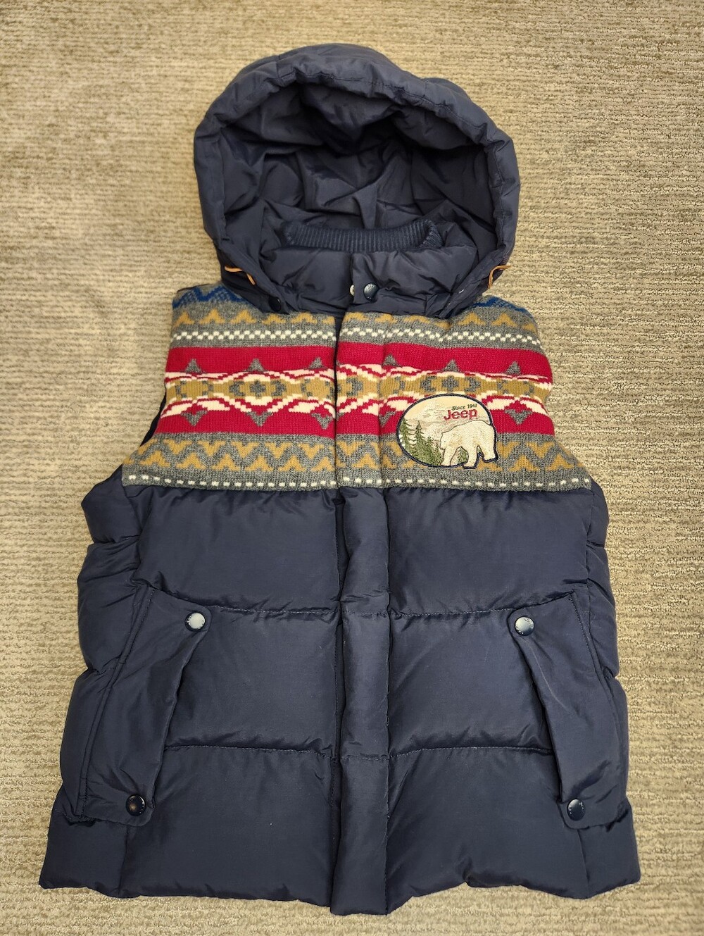 Jeep Duck Down Puffer Vest Womens Large Navy Aztec Embroidered Hooded Warm Layer